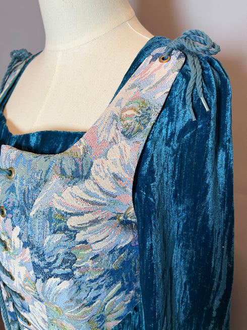Gothic Blue Medieval Velvet Dress with Floral Corset and Long Sleeves – Gothic Medieval Dress Plus Size